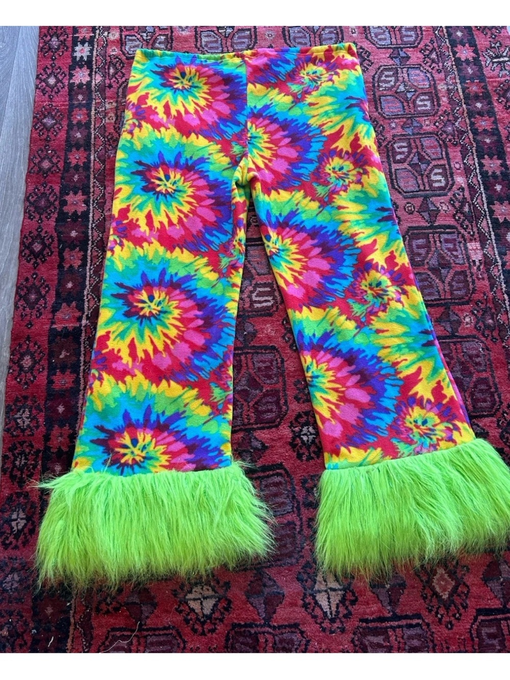 Grandma Pants Tie Dye Faux Fur Bell Bottom Festival Rave Pants L Burning Man - Picture 5 of 14